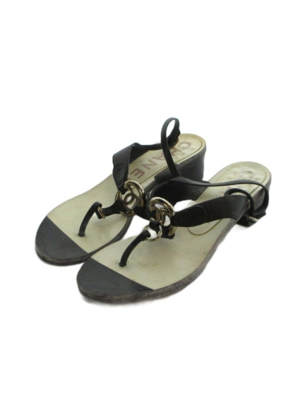 Chanel Sandals Strap Thong CC Logo Leather Black